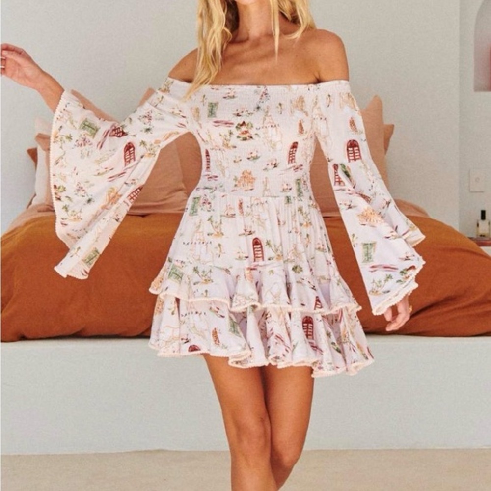 Anthropologie Jaase Scandi girl bell sleeves Floral Off-Shoulder Mini Dress